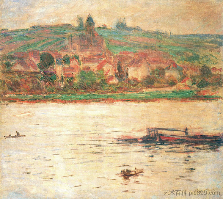 塞纳河上的驳船 Vetheuil, Barge on the Seine (1901 - 1902)，克劳德·莫奈