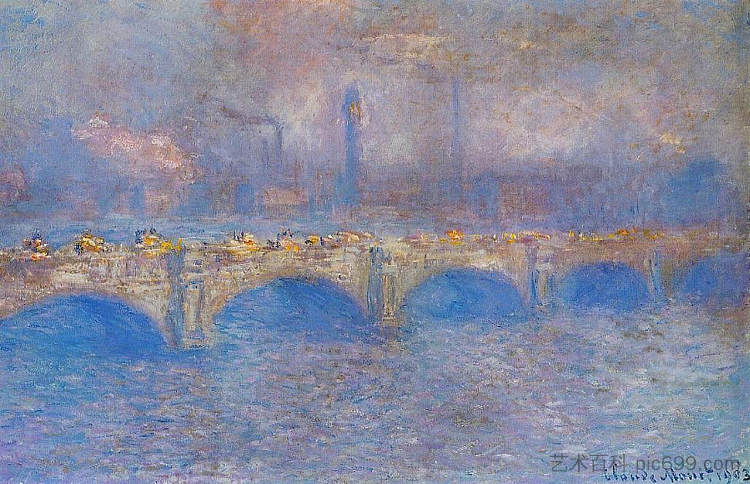 滑铁卢大桥,阳光效应 Waterloo Bridge, Sunlight Effect (1903),克劳德·莫奈