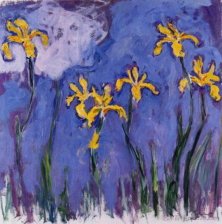 黄色的虹膜和粉红色的云 Yellow Irises with Pink Cloud (1914 - 1917)，克劳德·莫奈