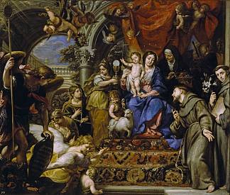 圣母子在神学和神圣的美德中 La Virgen con el Niño entre las Virtudes teologales y santos (1669; Spain                     )，克劳迪奥·科埃洛