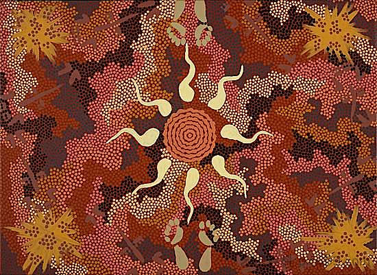 布什塔克和袋鼠在丹尼森山做梦 Bush Tucker and Kangaroo Dreaming at Mount Denison (1993),克利福德·负鼠·贾帕尔特贾里