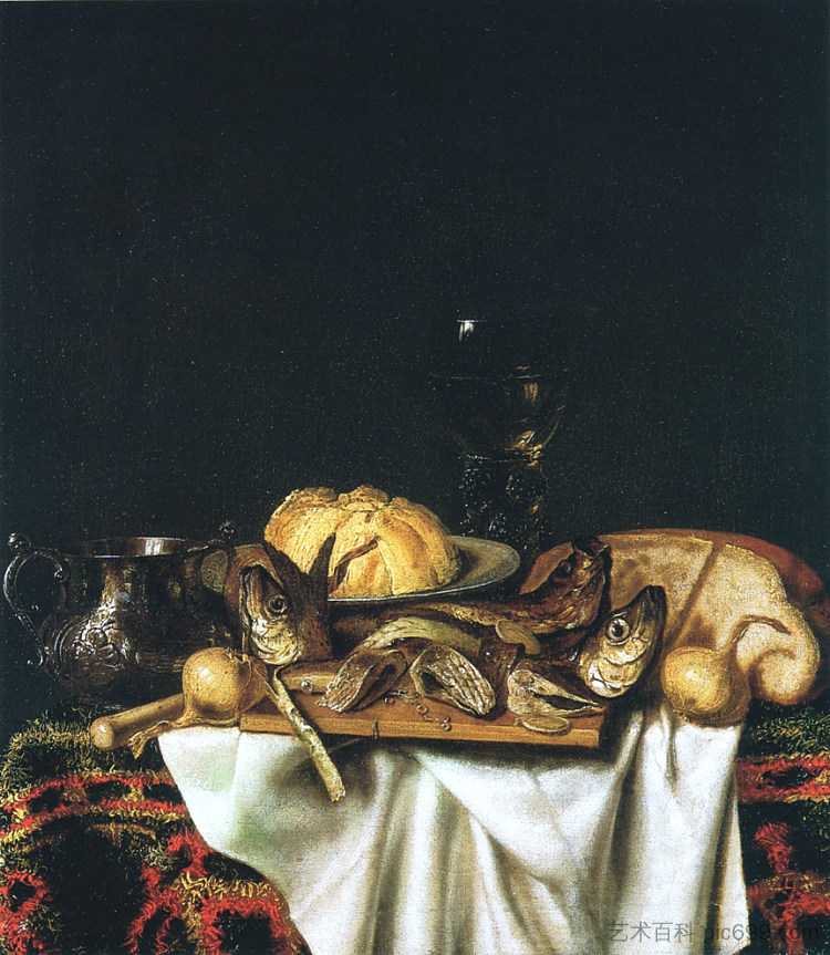 静物与鱼 Nature morte aux poissons (1667)，科内利斯·诺贝塔斯·吉斯布瑞兹