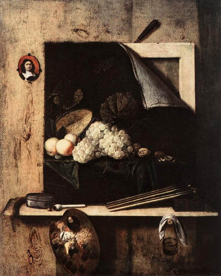 静物与自画像 Still-Life with Self-Portrait (1663)，科内利斯·诺贝塔斯·吉斯布瑞兹