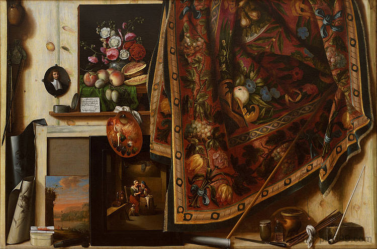 Trompe l'oeil。艺术家工作室的橱柜 Trompe l'oeil. A Cabinet in the Artist's Studio (1671)，科内利斯·诺贝塔斯·吉斯布瑞兹