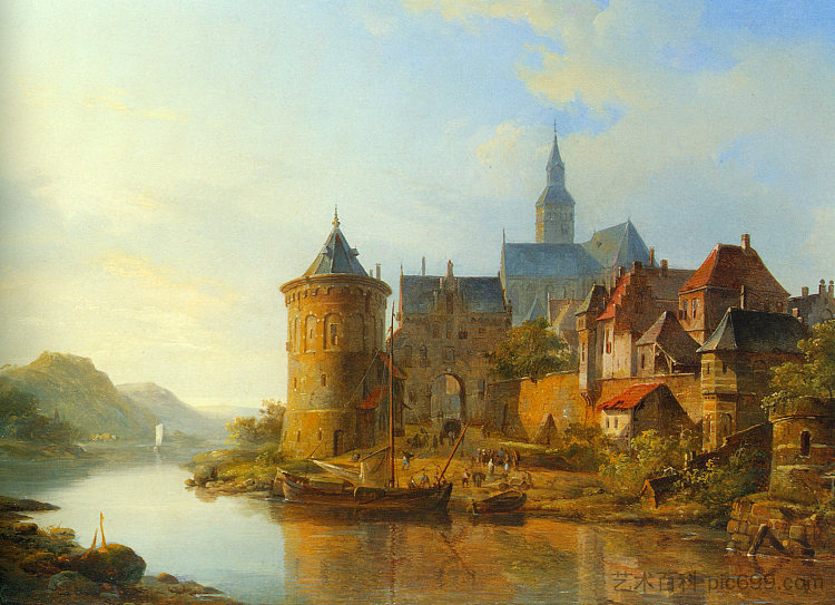 莱茵河沿岸小镇的景色 A View of a Town along the Rhine (1841)，科内利斯·斯普林格