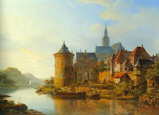 莱茵河沿岸小镇的景色 A View of a Town along the Rhine (1841)，科内利斯·斯普林格