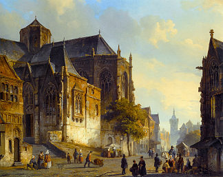 荷兰小镇集市广场上的人物 Figures on a Market Square in a Dutch Town (1843)，科内利斯·斯普林格