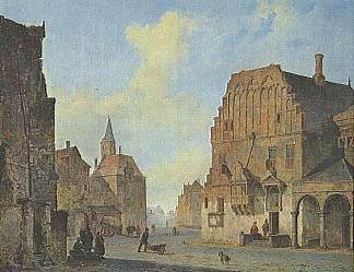 阿纳姆旧市政厅的景色，带有幻想元素 View of the old town hall in Arnhem, with fantasy elements (1840)，科内利斯·斯普林格