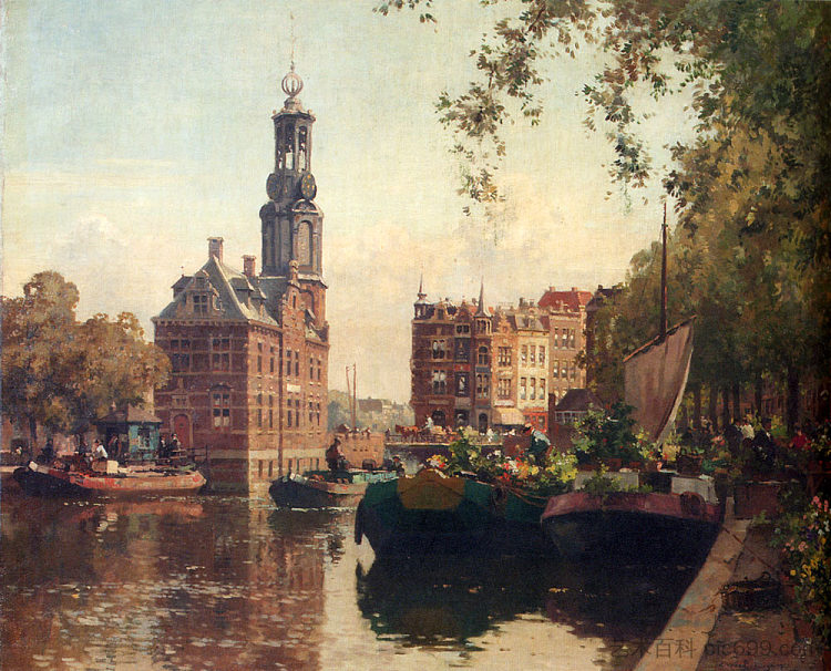 The Flowermarket on The Singel， 阿姆斯特丹， The Munttoren Beyond The Flowermarket On The Singel, Amsterdam, With The Munttoren Beyond (1927)，科内利斯·维里登伯格