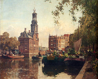 The Flowermarket on The Singel， 阿姆斯特丹， The Munttoren Beyond The Flowermarket On The Singel, Amsterdam, With The Munttoren Beyond (1927)，科内利斯·维里登伯格