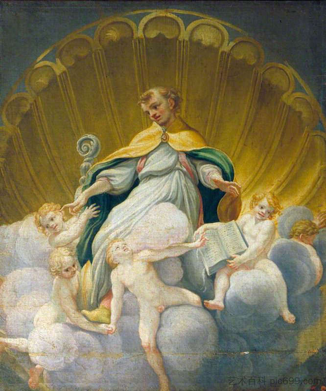 被天使包围的圣希拉里（帕尔马大教堂圆顶壁画的副本） Saint Hilary Surrounded by Angels (copy of the fresco in the cupola of Parma Cathedral)，科雷吉欧