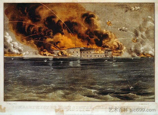 轰炸萨姆特堡，查尔斯顿港，1861年4月12日和13日 Bombardment of Fort Sumter, Charleston Harbor 12th & 13th of April, 1861 (1861)，柯里尔与艾夫斯