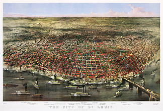圣路易斯市。从密西西比河上方看到的密苏里州圣路易斯的鸟瞰图 City of St. Louis. Bird’s-eye view of St. Louis, Missouri, as seen from above the Mississippi River (1874)，柯里尔与艾夫斯