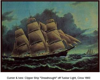 快速快船（包）船，无畏舰，在塞缪尔·塞缪尔斯船长的领导下 Fast Clipper (Packet) ship, Dreadnought, under Captain Samuel Samuels (1860)，柯里尔与艾夫斯