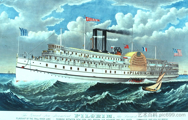 轮船朝圣者，“旧”瀑布河线的一部分 The Steamer Pilgrim, part of the 'old' Fall River Line (1883)，柯里尔与艾夫斯