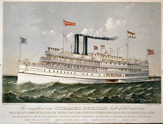 轮船清教徒，“旧”瀑布河线的一部分 The Steamer Puritan, part of the 'old' Fall River Line (1889)，柯里尔与艾夫斯