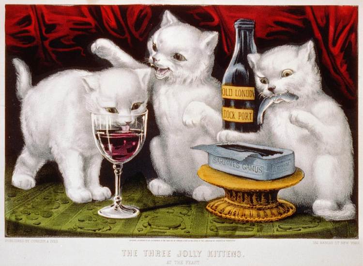 宴会上的三只快乐的小猫 The three jolly kittens at the feast (1871)，柯里尔与艾夫斯