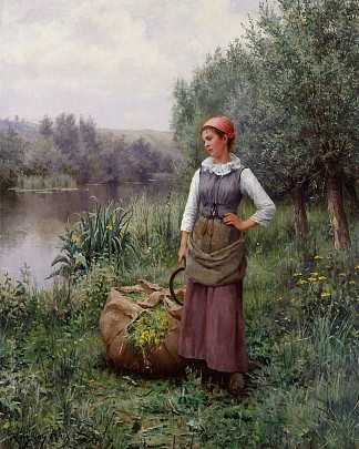 溪边的女孩，法兰德斯 Girl by a stream, Flanders (c.1890)，丹尼尔·李奇微·奈特