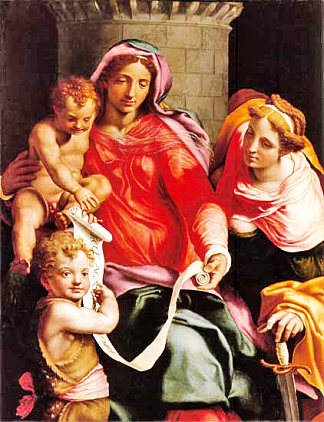麦当娜与孩子，年轻的施洗者圣约翰和圣芭芭拉 Madonna with Child, young Saint John the Baptist and Saint Barbara (1548)，达尼埃莱·达·沃尔泰拉