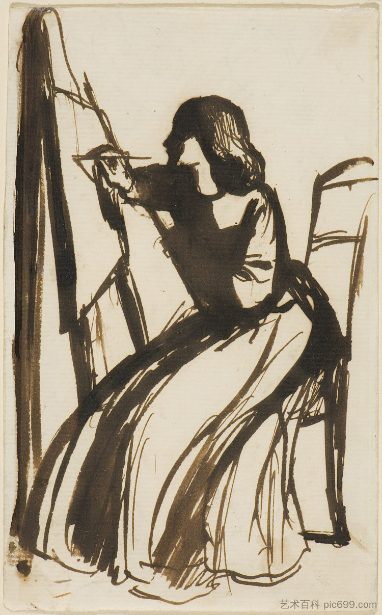 伊丽莎白·西达尔坐在画架前 Elizabeth Siddal Seated at an Easel (1852),但丁·加布里埃尔·罗赛蒂