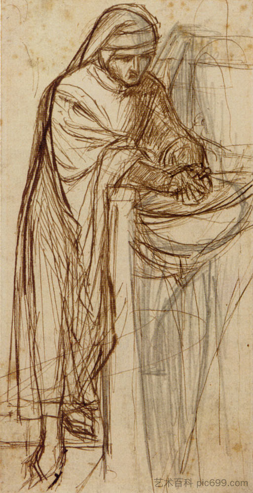 但丁在维罗纳的素描，主要人物的初步研究 Sketch For Dante At Verona, With A Preliminary Study For The Principal Figure，但丁·加布里埃尔·罗赛蒂