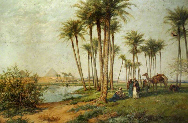 贝都因人在绿洲与金字塔 Bedouin at an Oasis with Pyramids (1902)，大卫·贝特斯