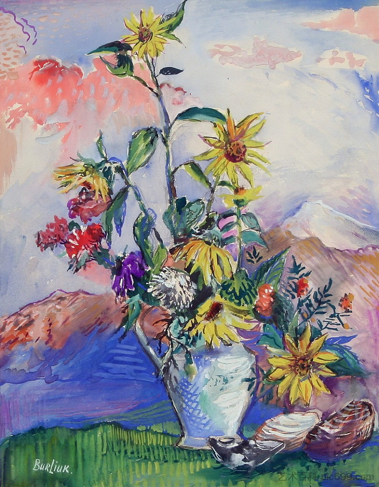 山地景观中的花朵和贝壳 Flowers and Seashells in a Mountain Landscape (c.1951; United States  )，戴维·伯克