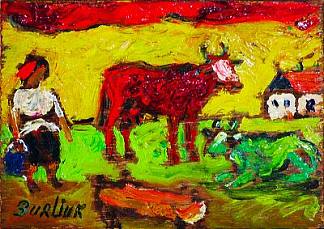 农妇与红色和绿色的奶牛 Peasant woman with red and green cows，戴维·伯克