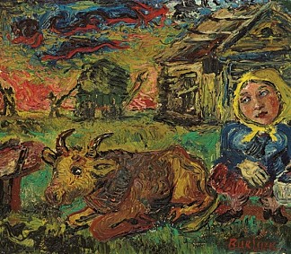 戴着黄色围巾和牛的女人 Woman with yellow scarf and cow，戴维·伯克