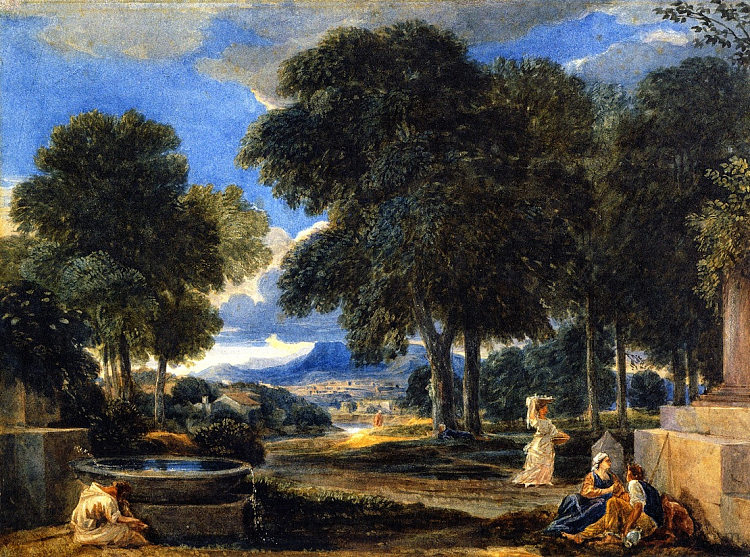 泊赞后一个男人在喷泉前洗脚的风景 Landscape with a Man Washing His Feet at a Fountain after Poissin (1821)，戴维·考克斯