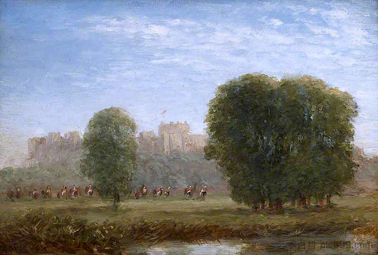 温莎的景色。救生员接近河流 View of Windsor. Life Guards Approaching the River，戴维·考克斯