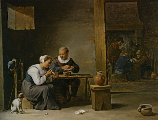 一男一女坐在室内抽烟斗，农民在桌子上打牌 A man and woman smoking a pipe seated in an interior with peasants playing cards on a table，戴维·特尼耶