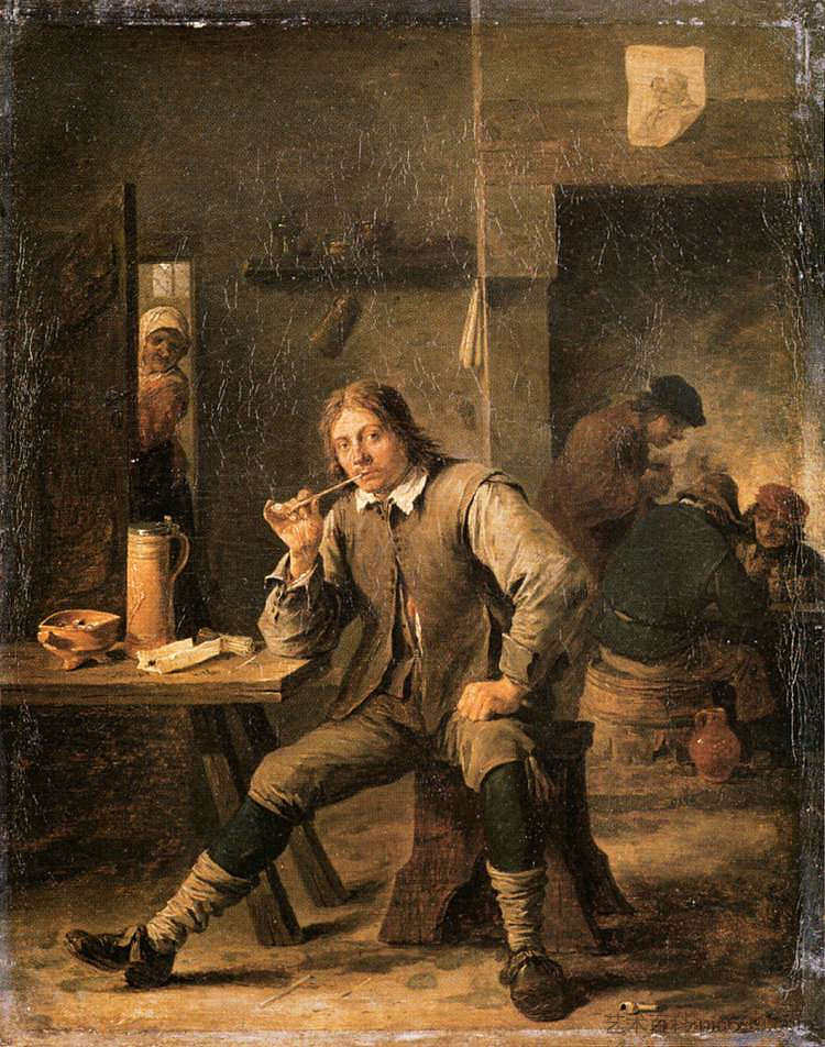 靠在桌子上的吸烟者 A Smoker Leaning on a Table (1643; Belgium  )，戴维·特尼耶