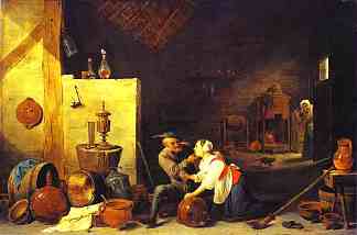 一个老农民在马厩里抚摸厨房女仆 An Old Peasant Caresses a Kitchen Maid in a Stable (c.1650; Belgium                     )，戴维·特尼耶