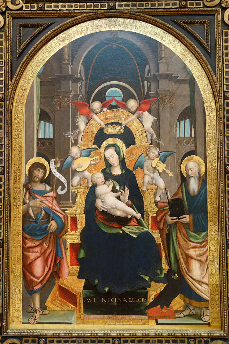 圣母和圣子与施洗约翰和福音传教士约翰登基 Enthroned Madonna and Child with Saints John the Baptist and John the Evangelist (c.1525; Italy  )，特芬丹特·法拉利