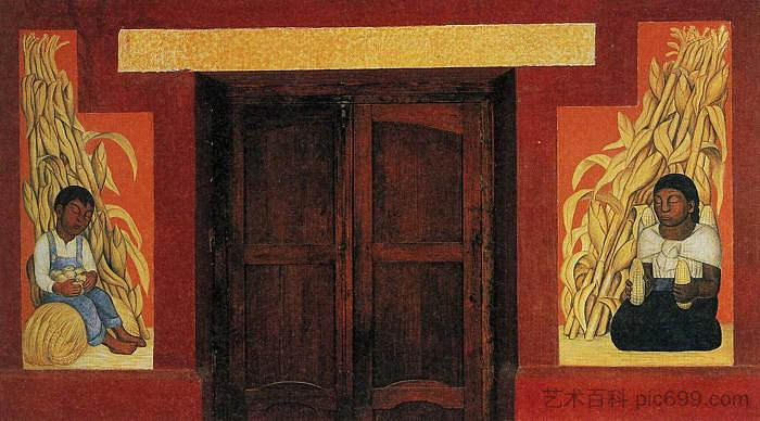 印度男孩和印度女人与玉米秸秆 Indian Boy and Indian Woman with Corn Stalks (1926 - 1927),迭戈·里维拉