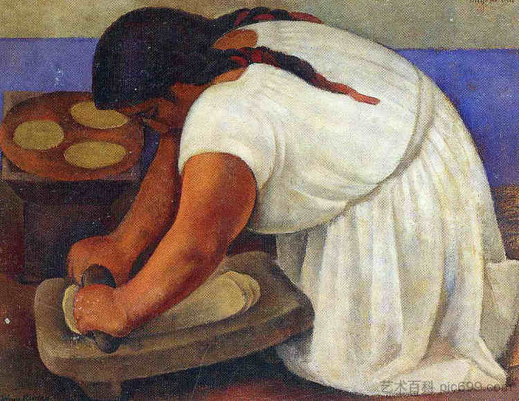 磨玉米的女人 Woman Grinding Maize (1924)，迭戈·里维拉