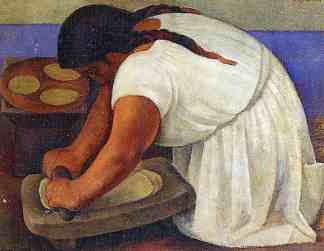 磨玉米的女人 Woman Grinding Maize (1924)，迭戈·里维拉