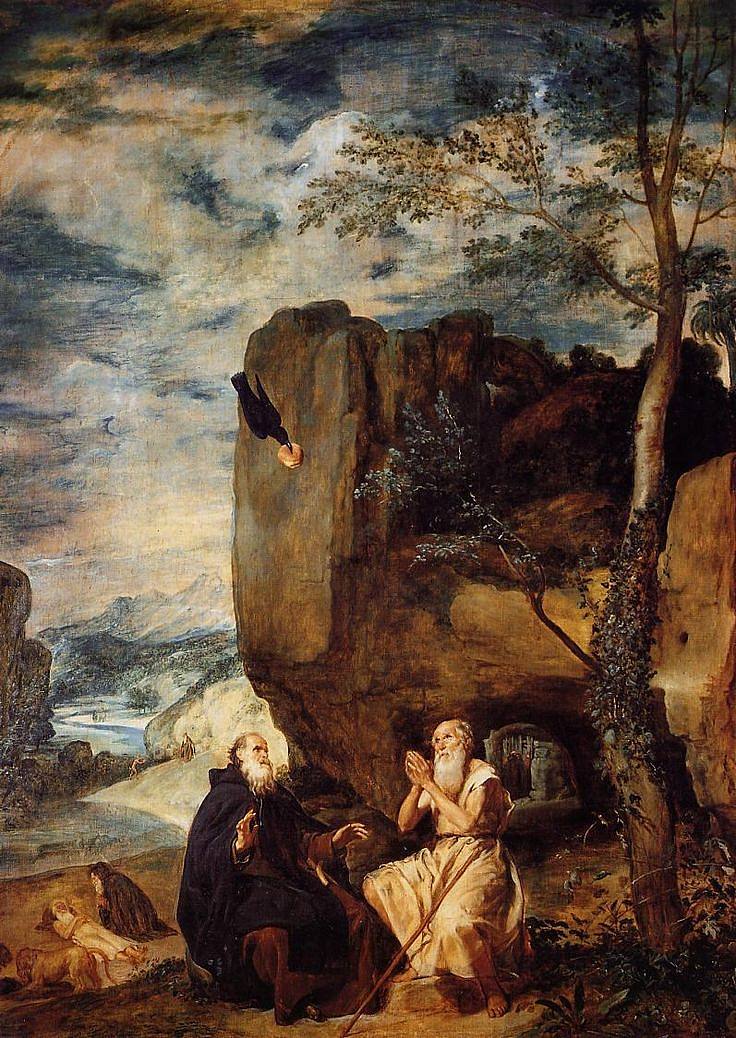 修道院院长圣安东尼和第一隐士圣保罗 St. Anthony the Abbot and St. Paul the First Hermit (c.1635)，迭戈·德·席尔瓦·委拉斯开兹