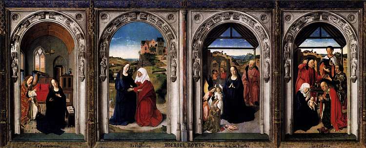 圣母的息肉：天使报喜、探访、天使的崇拜和国王的崇拜 Polyptych of the Virgin: The Annunciation, The Visitation, The Adoration Of The Angels and The Adoration Of The Kings (c.1445)，迪里克·布茨