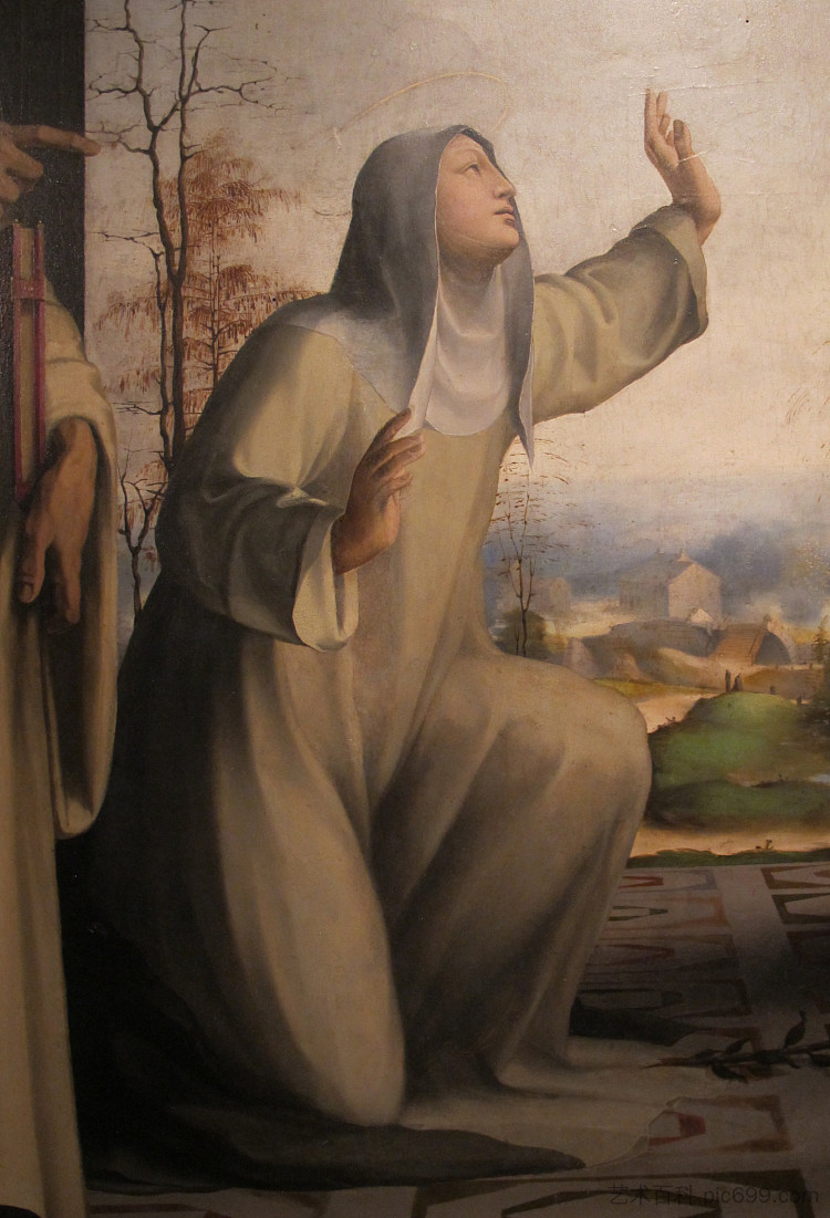 锡耶纳的圣凯瑟琳接受圣本尼迪克特和杰罗姆之间的圣痕（局部） Saint Catherine of Siena receiving the stigmata between Saints Benedict and Jerome (detail) (c.1514 - c.1517)，多梅尼科·贝卡富米
