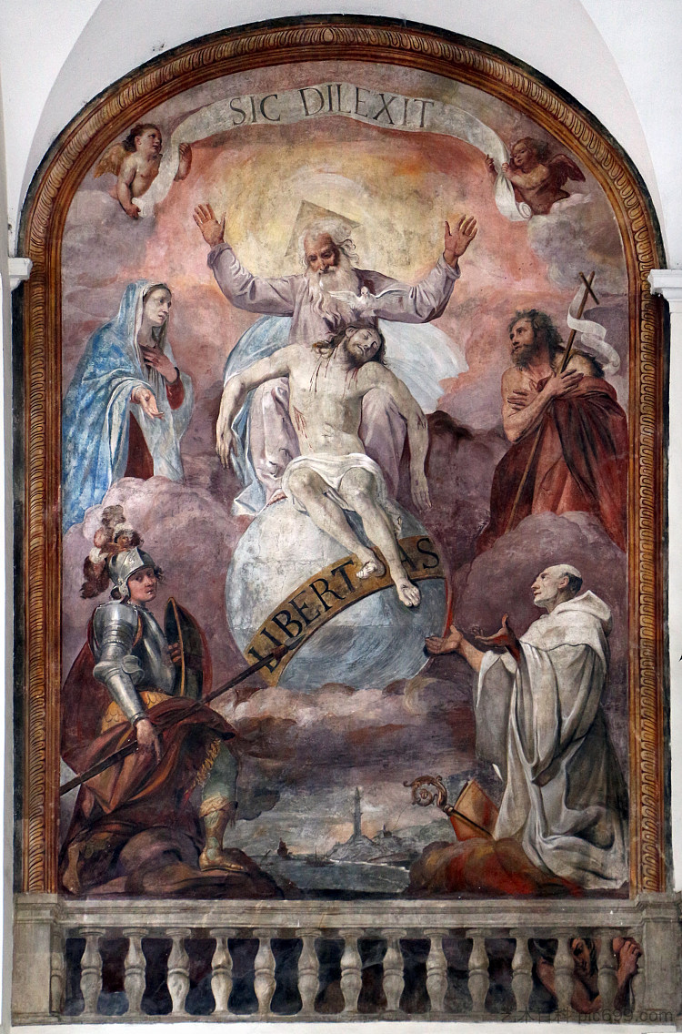 三位一体与玛丽,施洗约翰和热那亚的守护神乔治和伯纳德 trinità con maria, giovanni battista e i santi protettori di genova giorgio e bernardo (1630),多梅尼科·菲亚斯拉