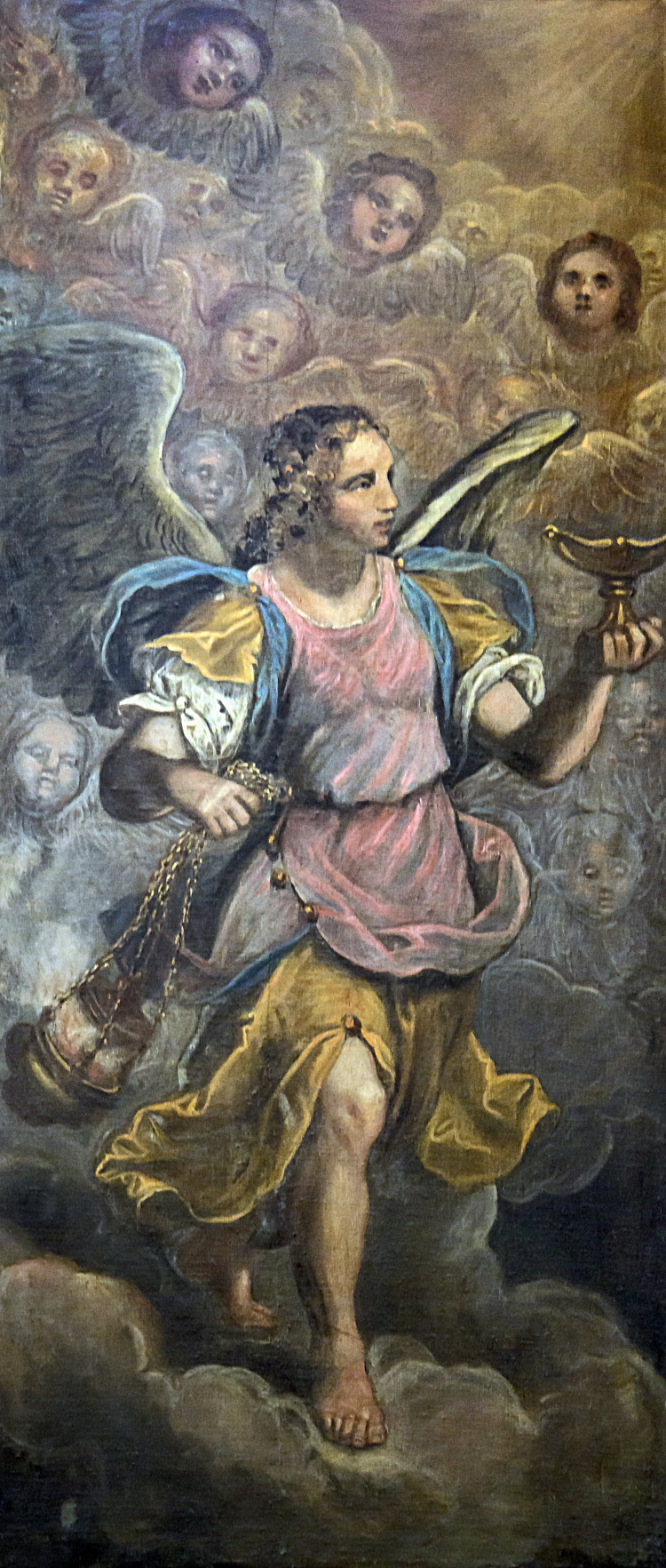 麦当娜·德尔·奥尔托（威尼斯） - 莫罗西尼教堂 - 提着香炉的天使（左） Madonna dell'Orto (Venice) - Chapel Morosini - Angels carrying the censer (left) (c.1627)，多梅尼科·丁托列托