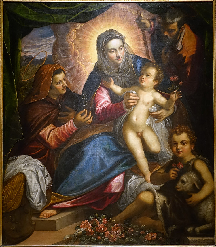圣安妮和施洗约翰的神圣家庭 The Holy Family with Saints Anne and John the Baptist (c.1595),多梅尼科·丁托列托