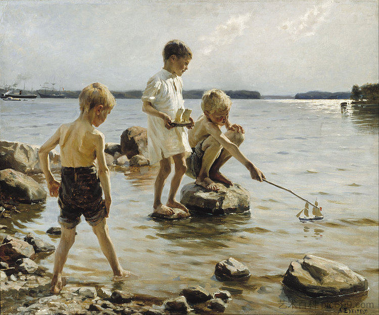 男孩在岸上玩耍 Boys Playing on the Shore (1884; Finland  )，阿尔伯特·埃德尔费尔特