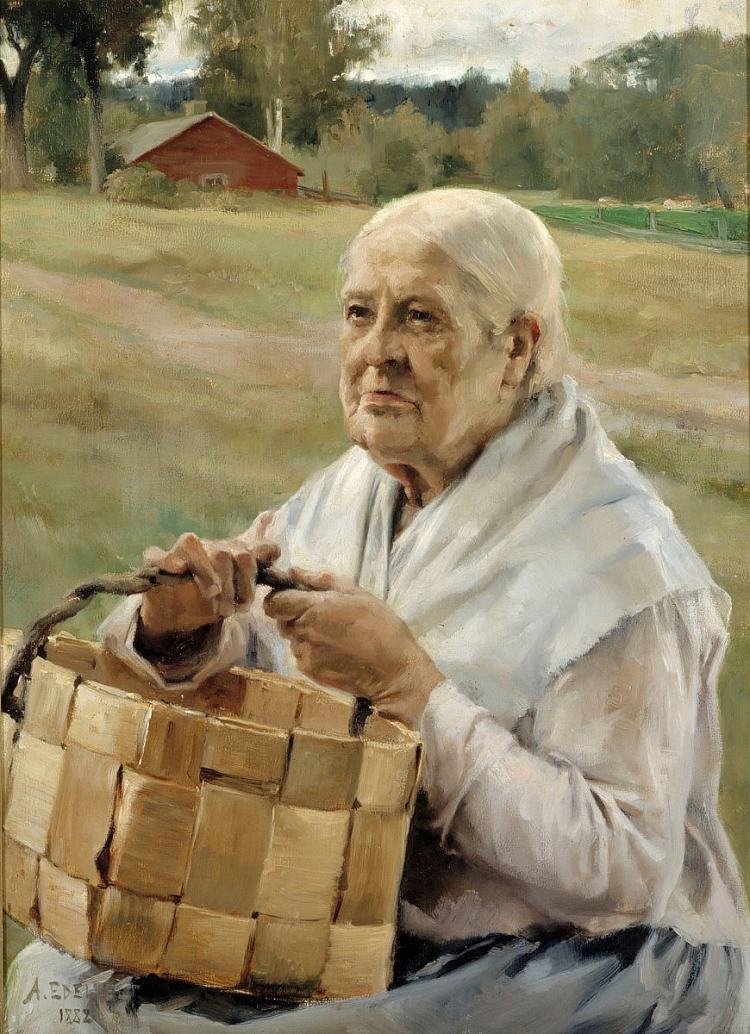 拿夹板篮的老妇人 Old Woman with a Splint Basket (1882; Finland  )，阿尔伯特·埃德尔费尔特