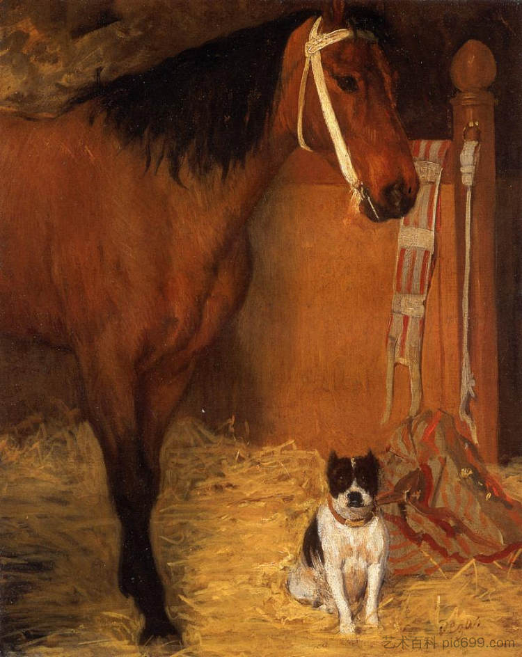 在马厩，马和狗 At the Stables, Horse and Dog (c.1861)，埃德加·德加