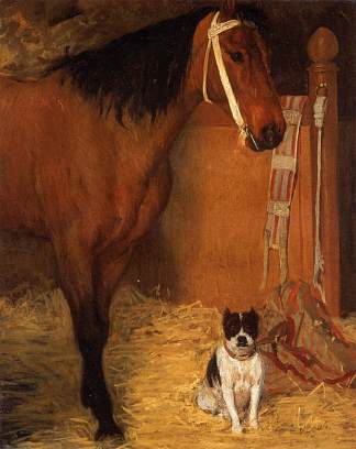 在马厩，马和狗 At the Stables, Horse and Dog (c.1861)，埃德加·德加