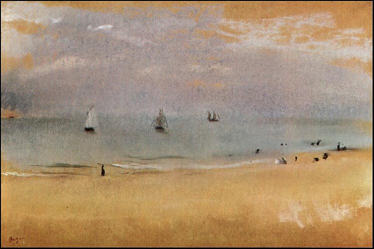 带帆船的海滩 Beach with Sailing Boats (c.1869)，埃德加·德加