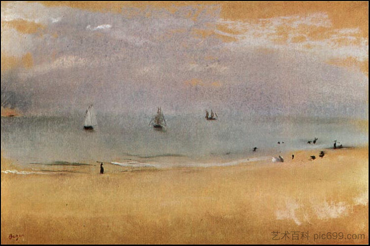 带帆船的海滩 Beach with Sailing Boats (c.1869),埃德加·德加